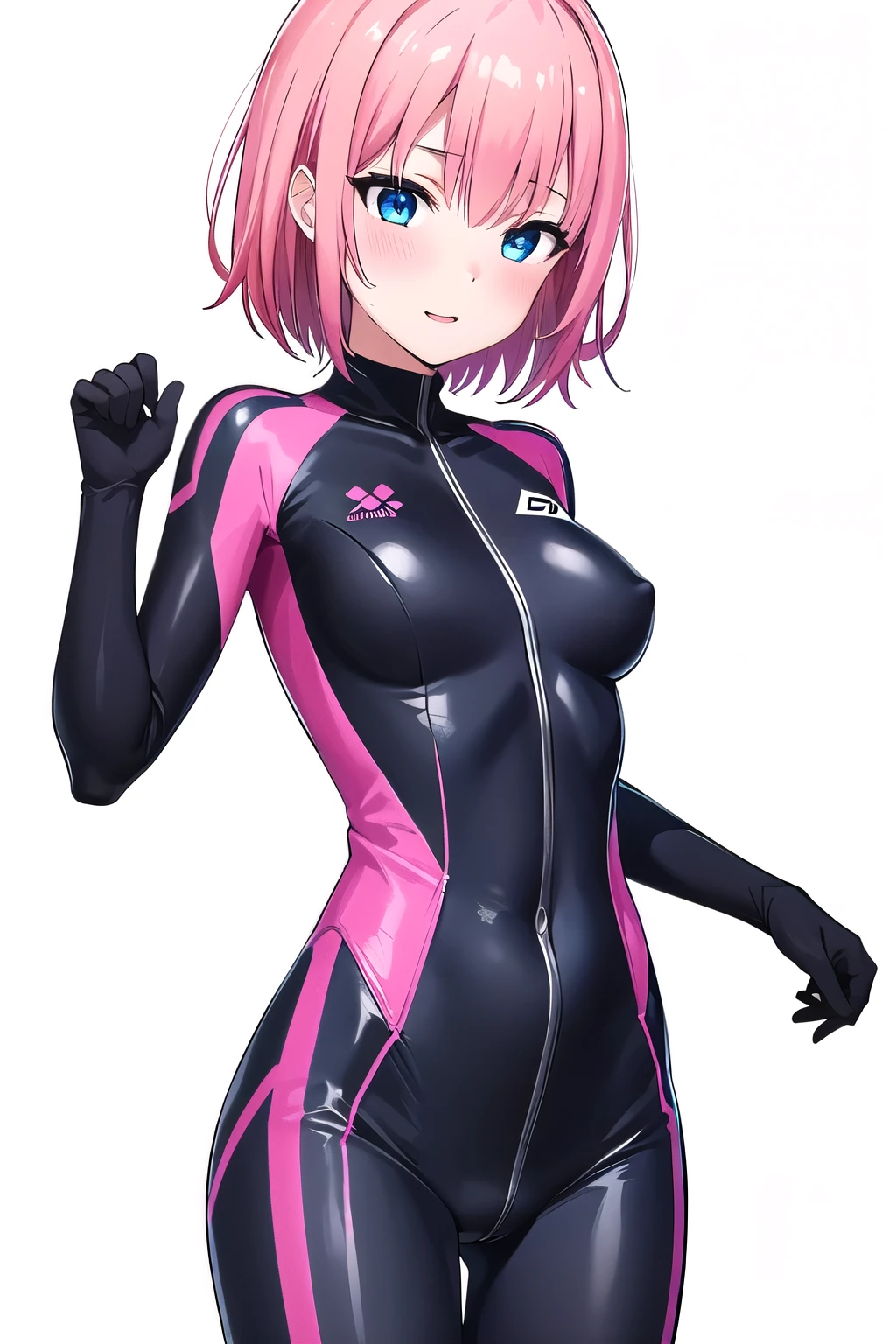 girl,boyish, very short hair, pink Hair, medium Breasts,Black glossy tight suit,Cowboy Shot,blush,sexy face,blue eyes,front leg pose,Tight fit,clearly,Striped pattern, (white background:1.3),
