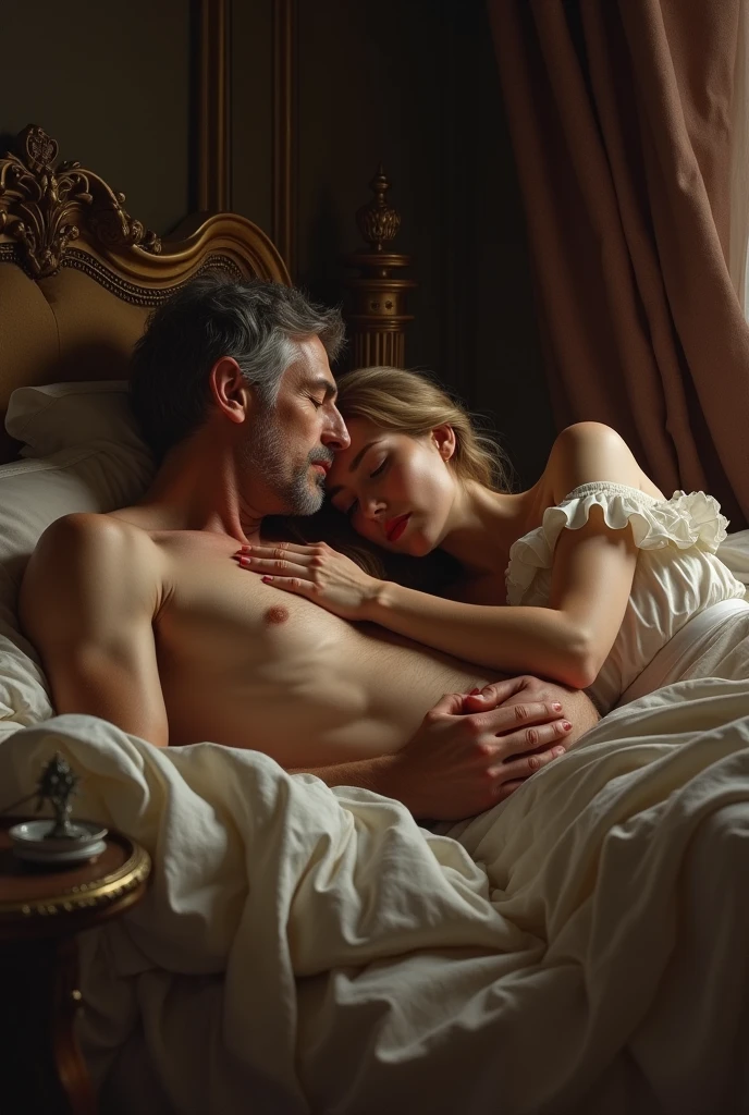 illustrates a 60 year old king bare-chested on his honeymoon with his wife in bed (stroking the sleeping king's chest)