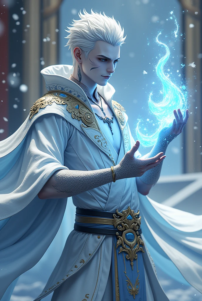 dnd, dungeons and dragons, yuan-ti pure blood, snake man, sorcerer, slender, assassin, ice magic, cold magic, magic, casting a spell, solo, single person, portrait, action pose, pale white skin, symmetrical silver snake scales on face and arms, thick vertical black line tattoo on bottom lip and chin, short spiky white and silver hair, light grey snake eyes, handsome, male, anime, ornate silver robes, silver jewelry with blue gems, noble, rich, frost magic, ((masterpiece, best quality)), trending artwork