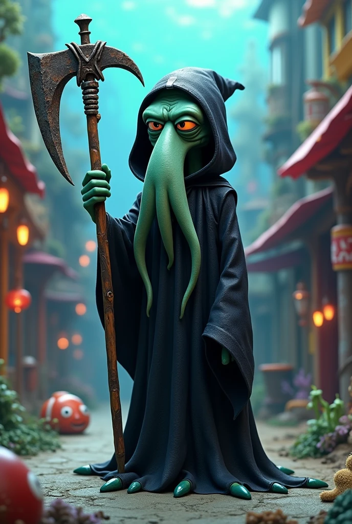 Squidward in Bikini Bottom wearing a death costume with a scythe in his hand