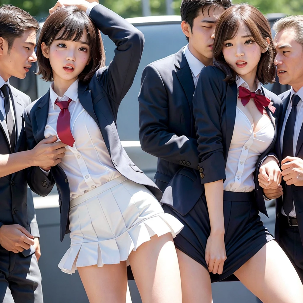 An innocent beautiful girl surrounded by excited high school students, A cute, baby-faced idol-like girl, Blazer is torn to reveal sexy panties, She was so embarrassed to be seen molesting in public that she cried out with her mouth open., A high school boy grabs my chest from behind, A high school boy touches my crotch and I get wet, Anatomically correct, Being molested by a group of men, Staring at the audience, Beautiful wavy bob hair, blush, Body turns bright red, Wet with sweat, Increased sensitivity, Tears overflow from your beautiful eyes, Ultra-high resolution, Slender body, Japanese