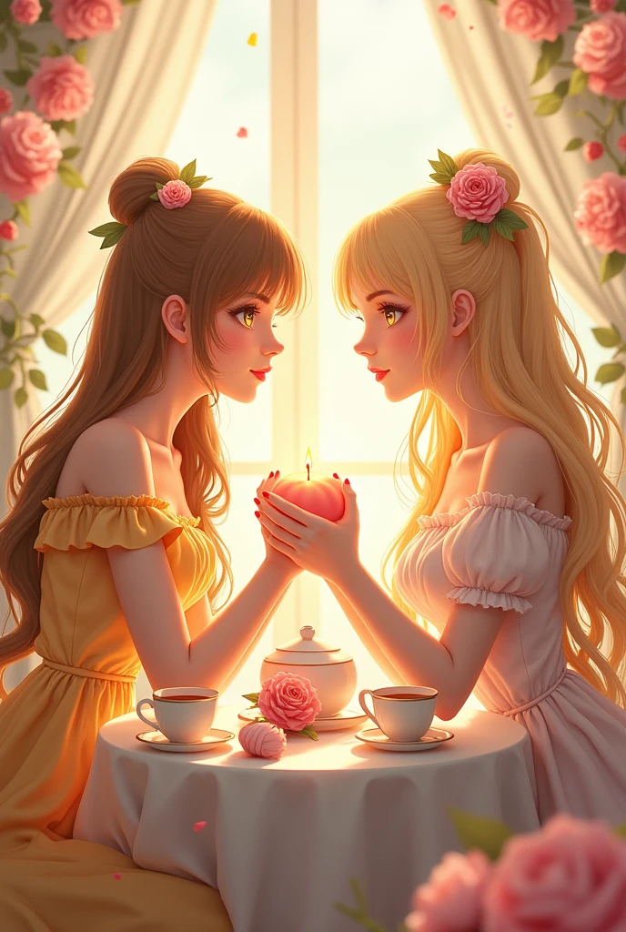 strawberry candle hair。Long twin tails。Yellow-green eyes。Lady in a lemon-colored dress。Tea party。Feeling each other&#39;s hearts。