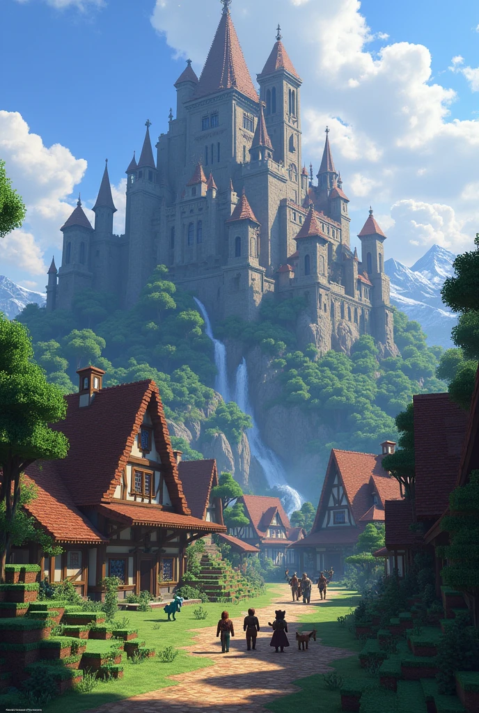 A group of players in a medieval village in a world with dragons as their currency and many other mythological creatures in Minecraft in an epic adventure with an epic castle on the mountain