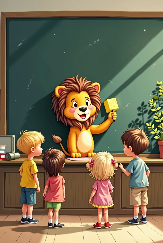 Children lion at a school blackboard sponge in hand drawn childish