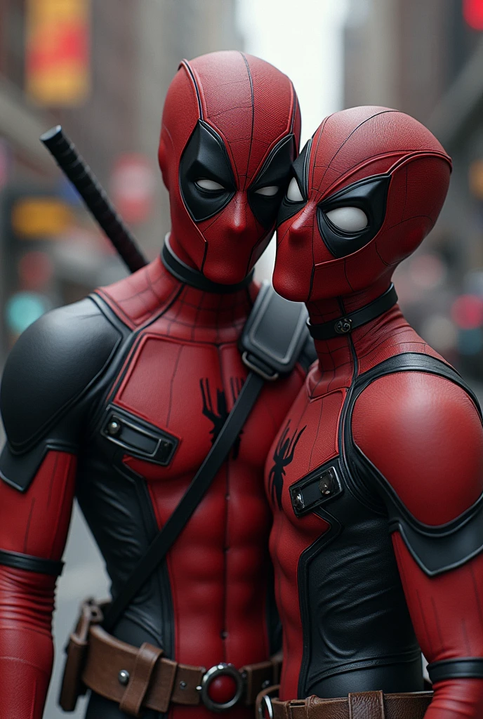(photorealism:1.2), deadpool with spiderman , he is show 2 dicks for sucking