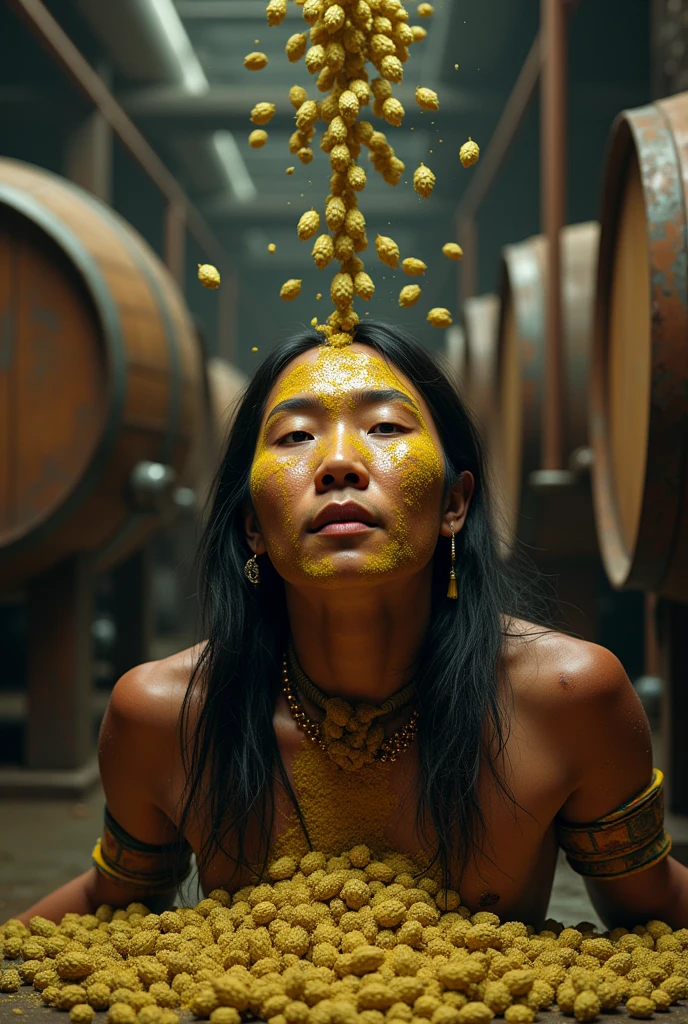 20th century brewing machines with hops pouring beer from barrels, samples falling on an indigenous face