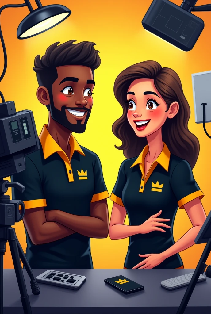 Cartoon of a podcast team made up of 2 members, 1 dark-skinned man and 1 young Caucasian woman, all wearing black and yellow shirts and live broadcast equipment
