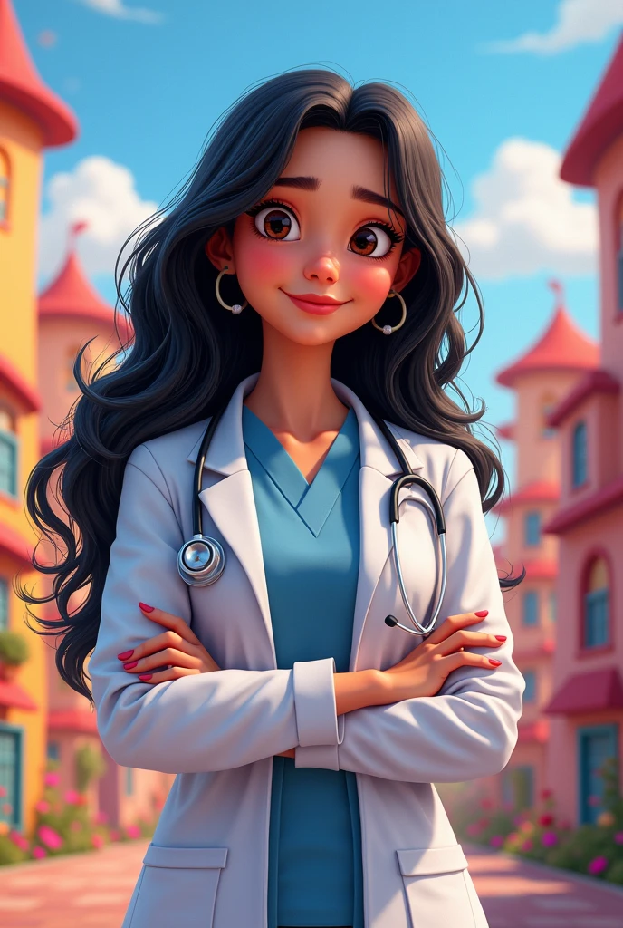 Untitled Disney Pixar poster. A young woman of 1, long wavy black hair, big eyes and oval face, round nose, medical profession