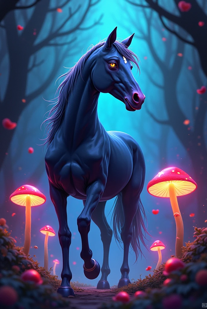 Cute fantasy horse,black Background,spotlight,comic,Steampunk,
, bokeh,mushrooms,glowing outlines,Pop Art stil,urban, autumn 