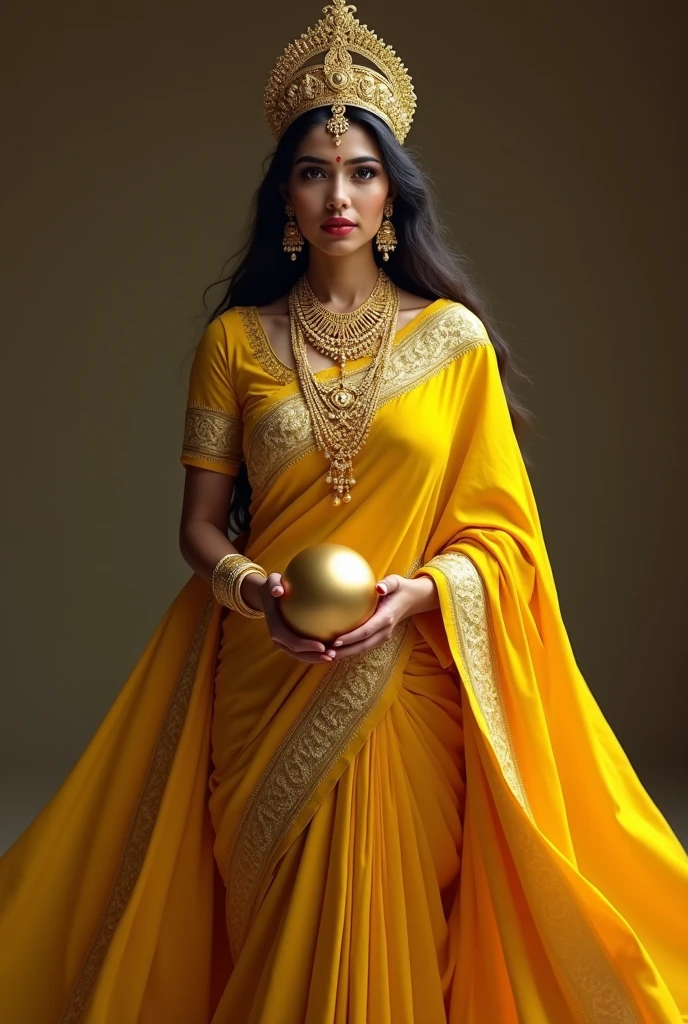 An Indian woman wearing a yellow saree with two Large golden gold in her hand, her hands half raised to her shoulders, wearing a crown and holding a golden saree. Gathered in a golden robe