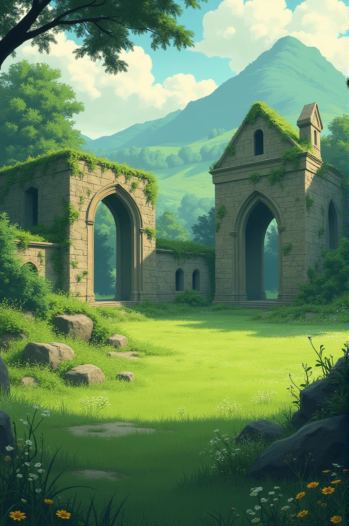 Draw some ruins on the meadow in anime ghibli style