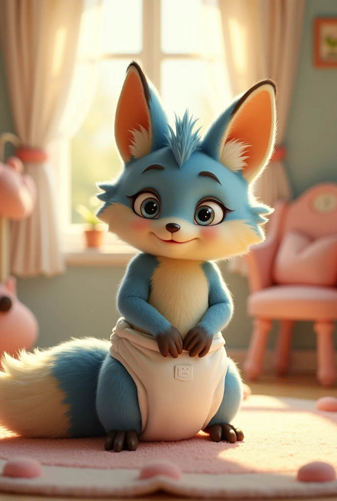 male teenage blue and gold fox fursona wearing a thick diaper. in a nursery.