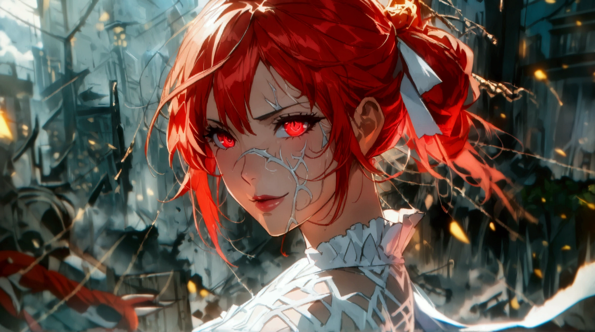 Woman, red hair tied up, red eye with triangular pupils, psychopathic smile, wearing white formal wear, destruction scene, ((Intricate anime character design inspired by One Piece)), ((Stunning lighting)), ((Fine lines)), ((Stunning focus)), ((Centered character)), ((Stunning face)), ((Detailed focus)), ((Detailed background)), ((Ultra-fine 2D design)), ((Creative backdrop)), ((2D masterpiece)), ((Best quality)), ((8K anime style)), ((Full body))