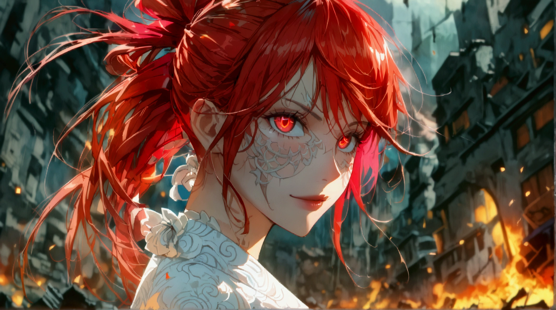 Woman, red hair tied up, red eye with triangular pupils, psychopathic smile, wearing white formal wear, destruction scene, ((Intricate anime character design inspired by One Piece)), ((Stunning lighting)), ((Fine lines)), ((Stunning focus)), ((Centered character)), ((Stunning face)), ((Detailed focus)), ((Detailed background)), ((Ultra-fine 2D design)), ((Creative backdrop)), ((2D masterpiece)), ((Best quality)), ((8K anime style)), ((Full body))