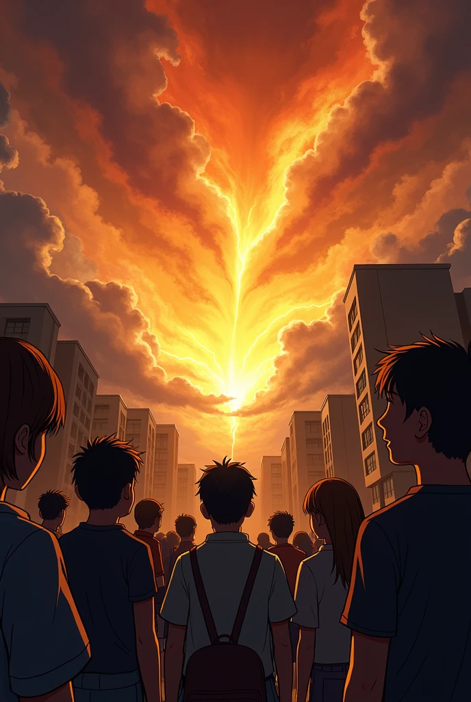 At night people watching the sky yellow with red and earthquake