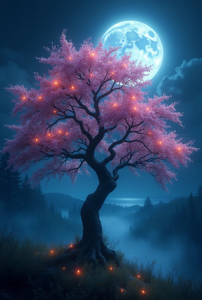 Flower tree with moonlight in the night