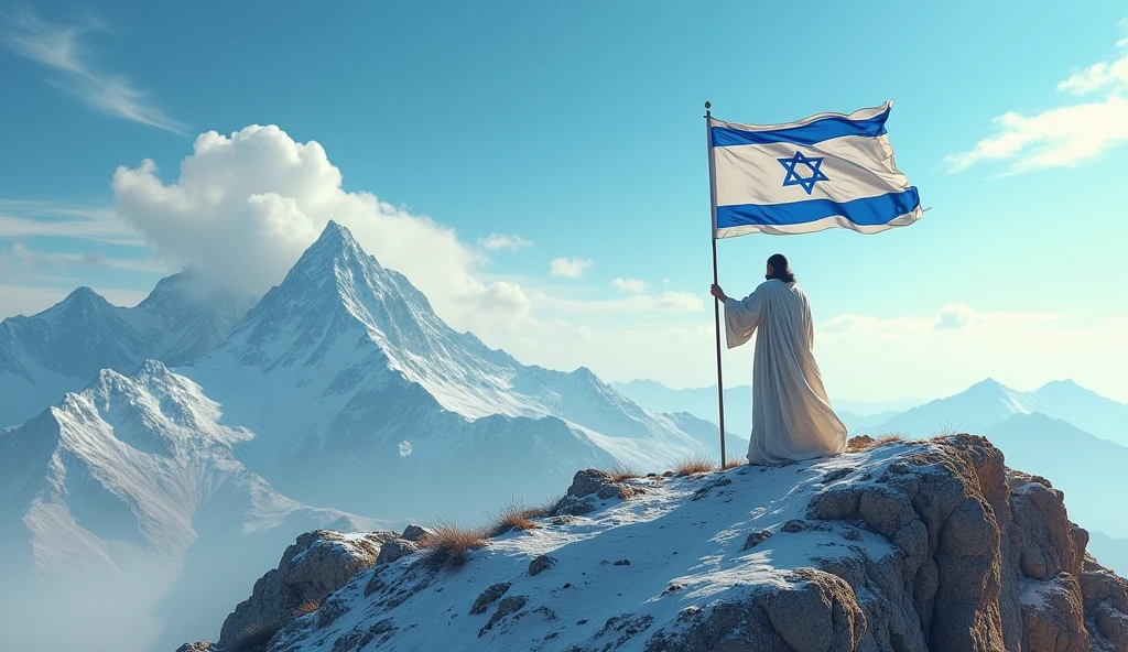 biblical history: jaco on top of a mountain with the flag of israel