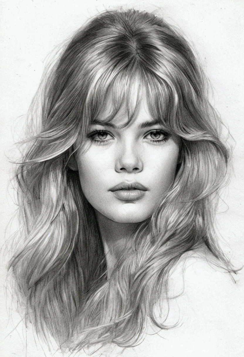 A delicate, graphite sketch portrays, a beautiful young Brigitte Bardot,  without background, her features rendered in subtle shading and precise lines. The framing is tight, focusing attention on the subject's serene face. Soft, feathery strokes convey the gentle texture of her hair, 