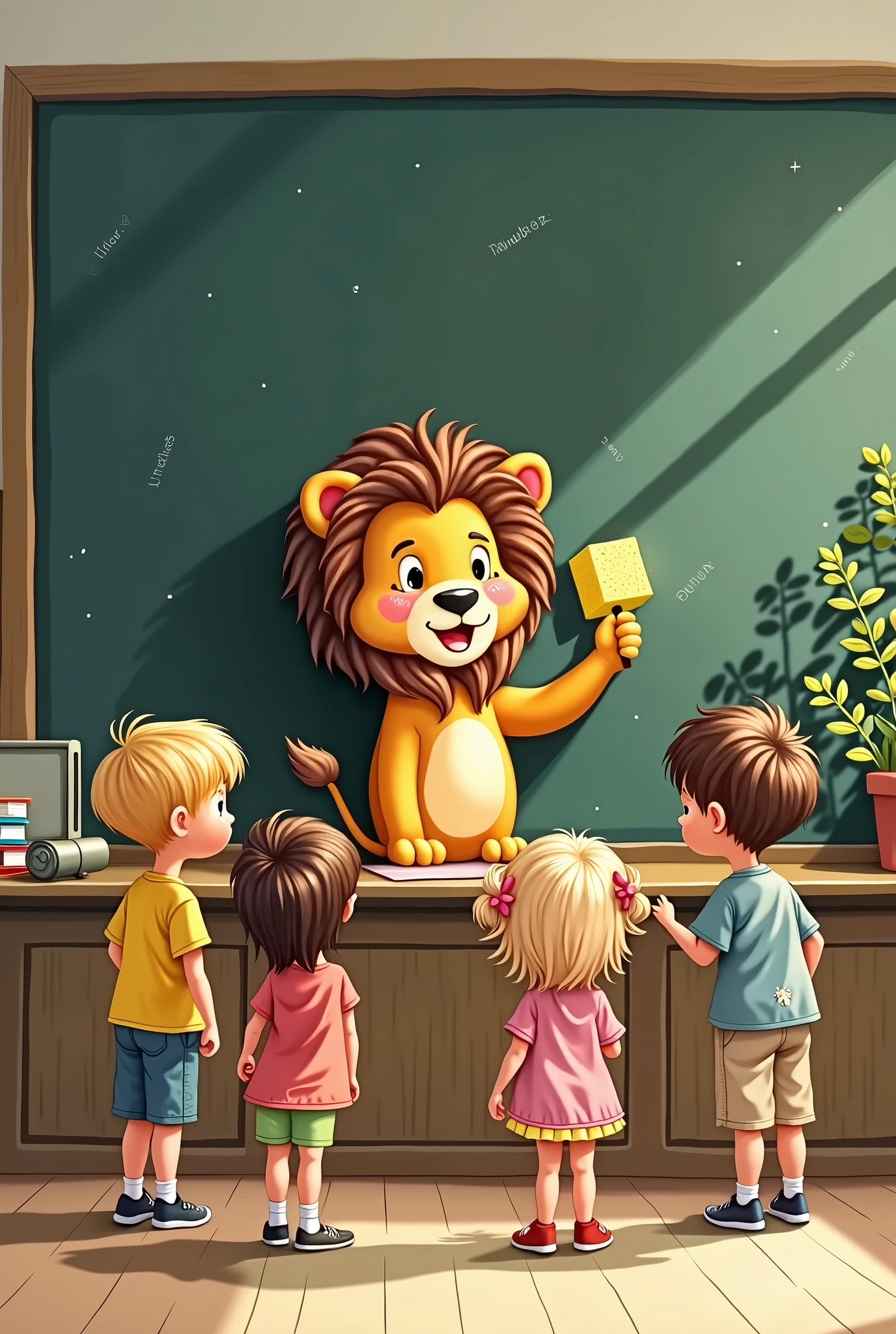 Children lion at a school blackboard sponge in hand drawn childish 