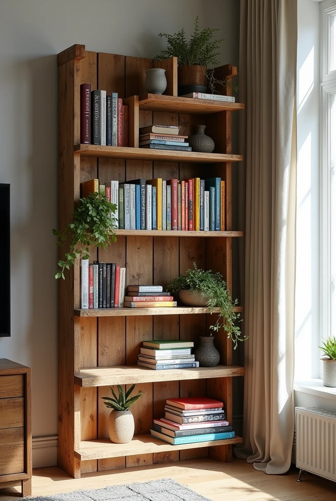 A handmade bookshelf made from repurposed wooden pallets, filled with colorful books and decorative items. The bookshelf is placed in a modern living room with a minimalist design, blending rustic charm with contemporary style.”