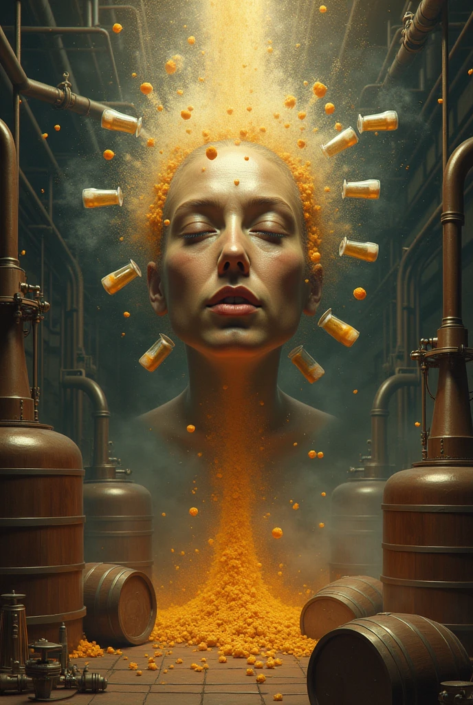 20th century brewing machines with hops pouring beer from barrels, samples falling on the face of an indigenous god