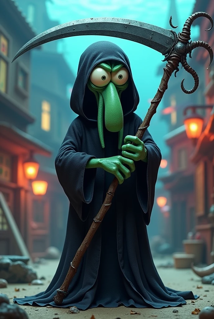 Squidward in Bikini Bottom wearing a death costume with a scythe in his hand