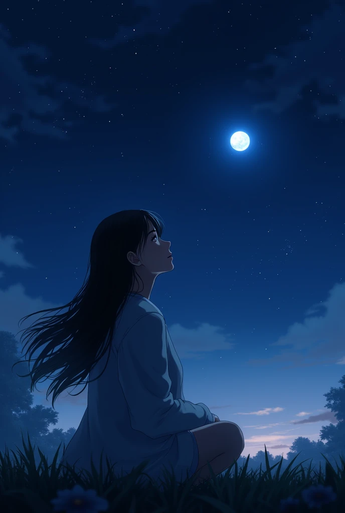 A girl, her jet black hair was loose, Both of his eyes are also jet black.. Looking at the moon and stars, who decorates the night sky with a sad gaze while smiling softly.