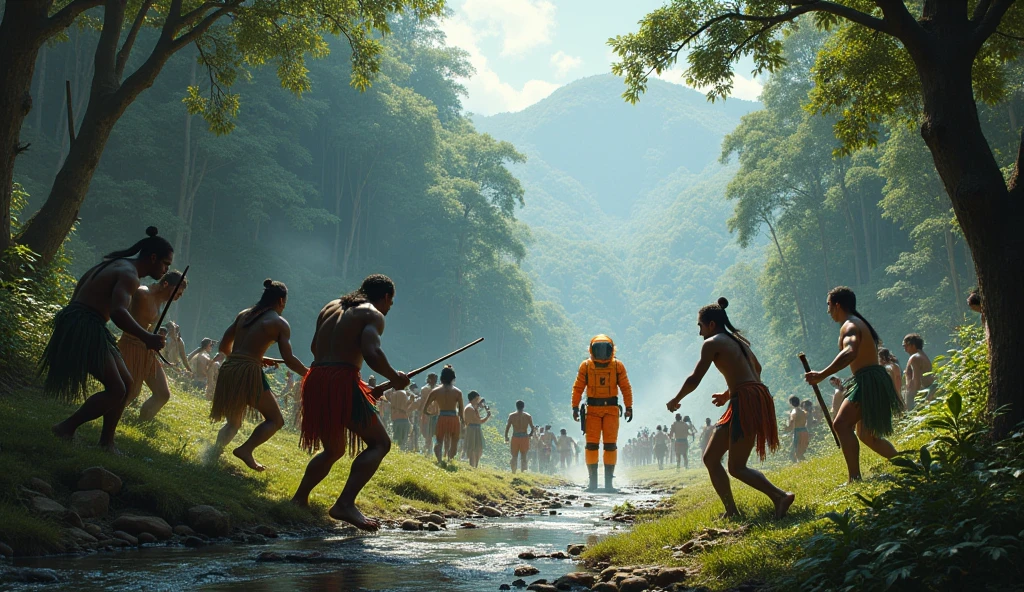 (masterpiece:1.2,of the highest quality,Super detailed,realist,Ultra high resolution camera),8k,Wallpaper,(normal scale indigenous people against orange astronaut. war encounter, fight in the river,(pandora forest, virgin forest and a river 2.0),Landscape painting,dynamic
