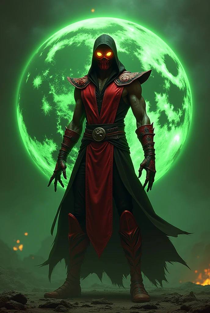Drawing of Ermac character on Mortal Kombat game. He is in red. Eyes green flame, dead hands. In the background is planet Earth in a hellish green style.