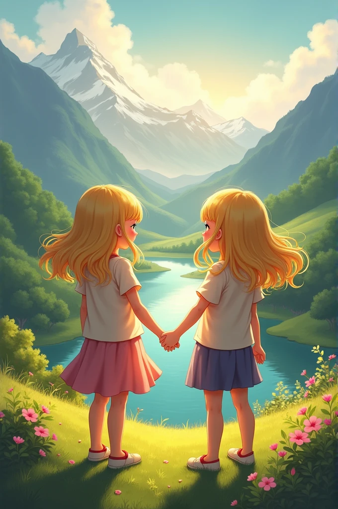 Two blonde girls hold your hand in front of a beautiful landscape