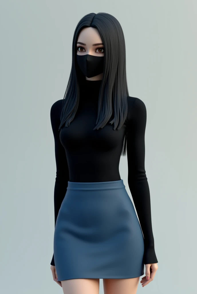 3d female character, long straight hair, black turtleneck shirt, blue short skirt, black face mask