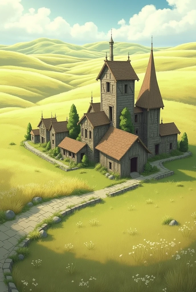 Draw a ruined village on the prairie in anime ghibli style