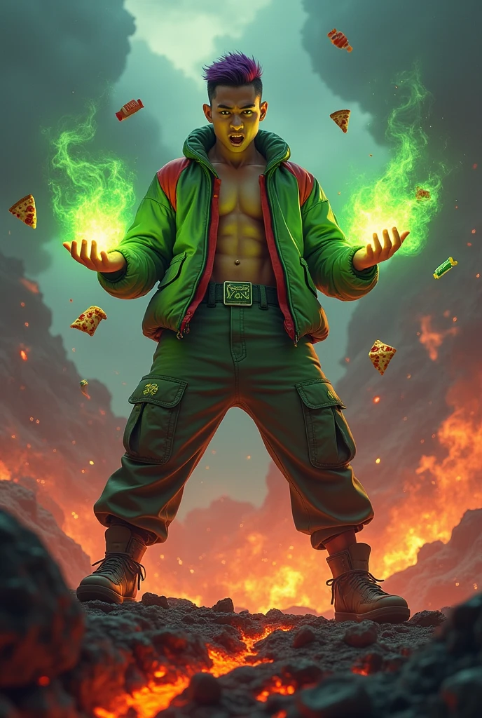 a man real teenage 19 year old bangladesh, nepal Malaysia Indonesia.) sharp eyes. chubby face. dark skin. man . Anger face. Open mouth.headbband red whitr. . wearing an (green red stripe jacket) future shirt . anger faces, short hairstyle purple. Dramatic.. stand on lava ,( camouflauge green)cargo pant,, detailed face, cinematic lighting, dramatic atmosphere,.hot day. vibrant colors, 8k, high quality, photorealistic. Hero suit.. hand light green power dark power from his hand. Glowing magic element magic elment from hand, ember everywhere . ,army green logo design on pant . Very strong. Future design dress. Very epic. Very hot background.. dark sky. Very strong . . Flying floating pizza, candy. chocolate bar everywhere..Shadow Imitation sharp shape power from hand .rasengan . at volcano Damage building. Floating small rock everywhere. kamehameha