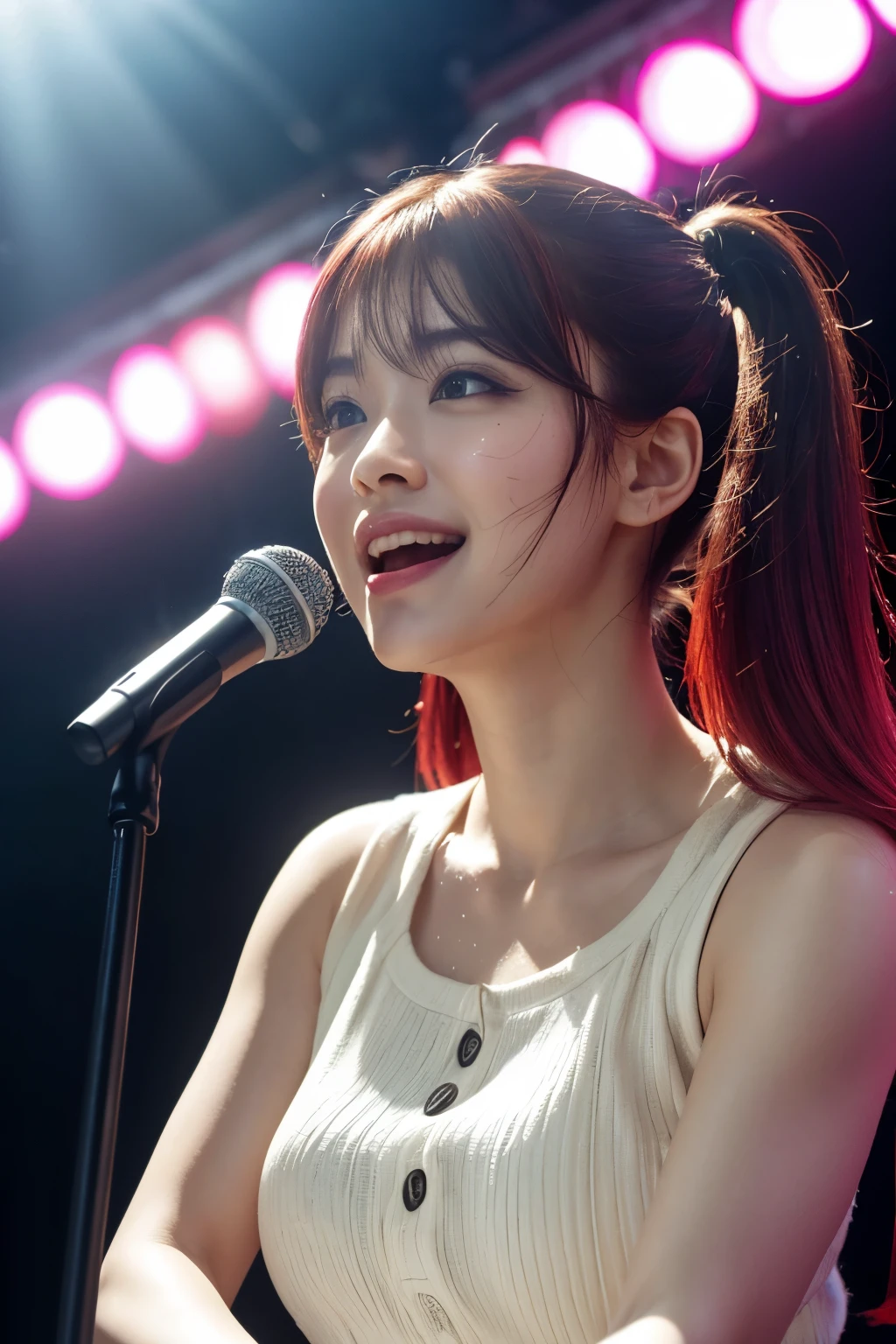 realistic, singing while playing the piano, on the stage of the concert, brightly lit by spotlights on the stage, extremely bright lighting, singing emotinally, wearing yellow cardigam and a dark red tie, mediuam-length yellow and pink hair, high pigtails hairstyle, hair is blowing in the wind, hair is shaggy and dishevelled, beautiful white-colored translucent skin, sweat splashes, slendar figure, natural makeup, small nose, smooth shaped jawline, glossy face, heavy flushed cheeks, big smile, close up shot