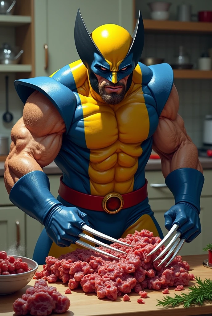 Wolverin in yellow suit cutting meat with claw kitchen utensil to shred cooked meat.
