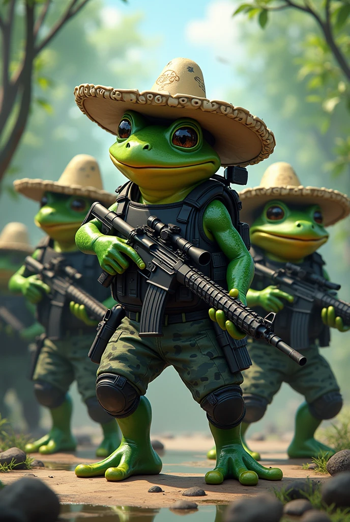 Give me an animated illustration of lots of green frogs dressed in black tactical gear, with weapons and a white Mexican northern hat 