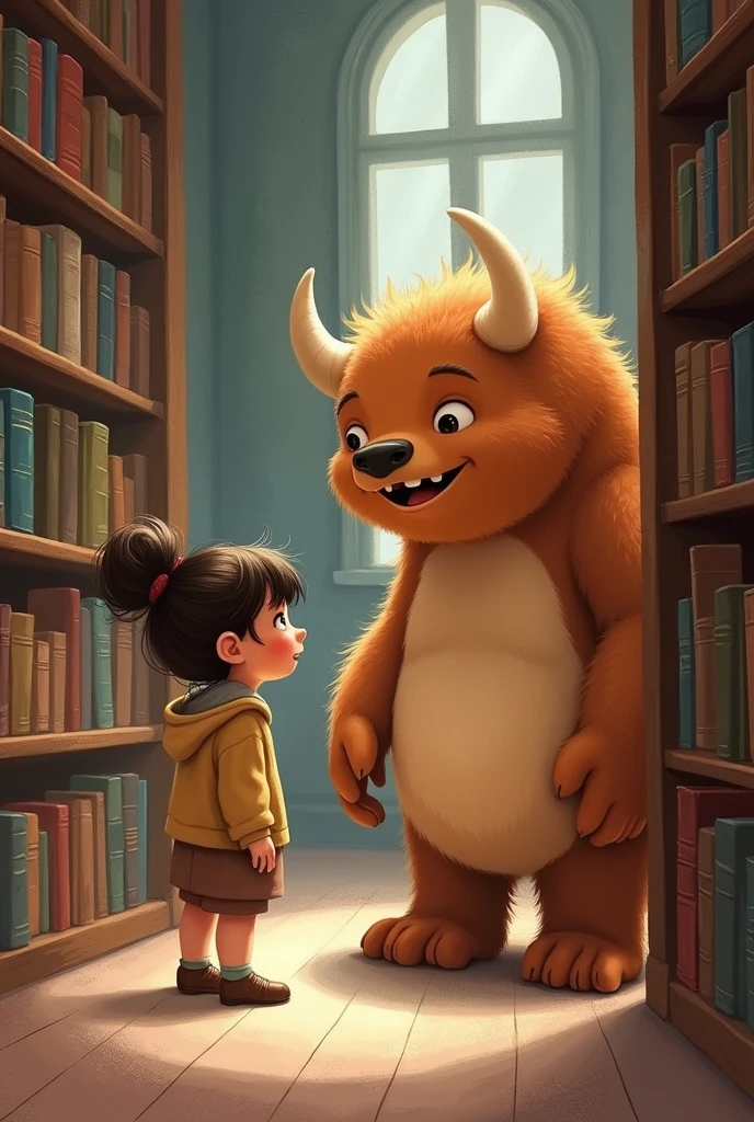 Create an image for story books
Gathering her courage, Ellie stepped closer, and to her surprise, the monster turned and smiled warmly, introducing himself as Benny. Make their background was library can you make a big and chubby monster which colour was brown