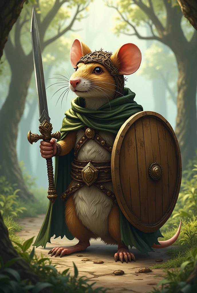 Make a Paladin Rat for RPG, he uses a hazel shield, a needle sword, and a helmet of branches