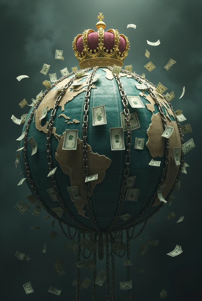 Image of a planet completely wrapped in dollars $100 and with a king&#39;s crown on top, with steel chains wrapping around and money falling