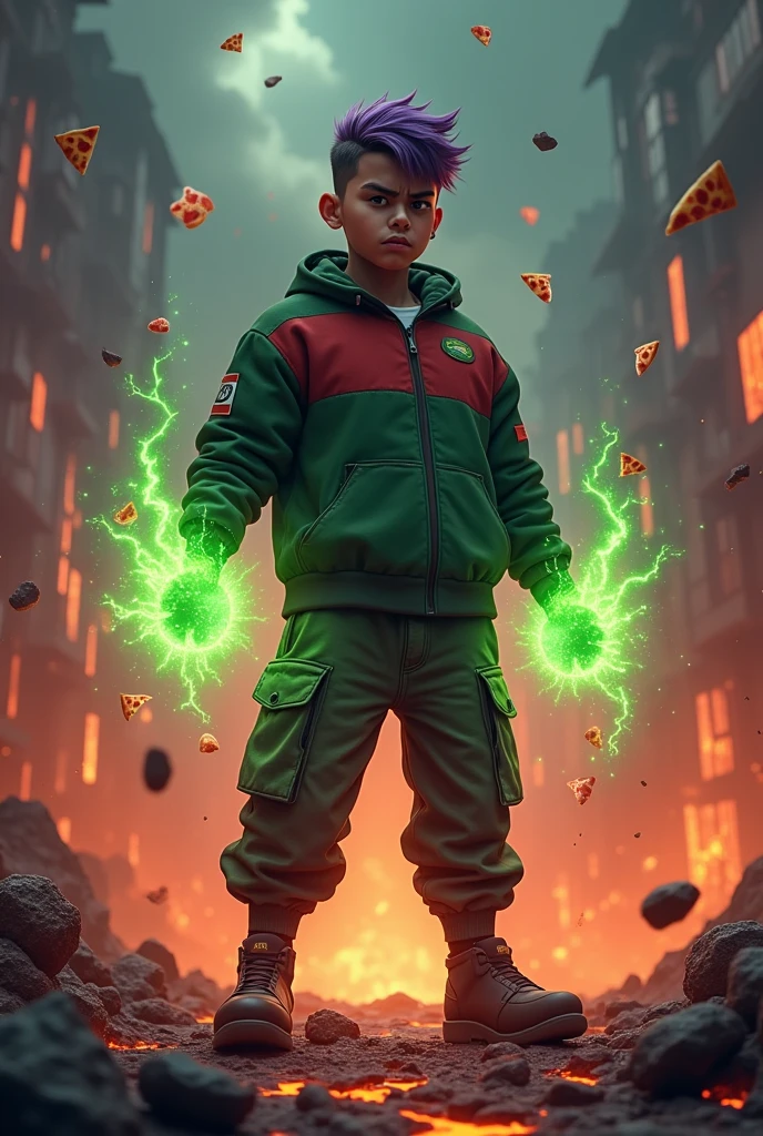 a man real teenage 19 year old bangladesh, nepal Malaysia Indonesia.) sharp eyes. chubby face. dark skin. man . Anger face. Open mouth.headbband red whitr. . wearing an (green red stripe jacket) future shirt . anger faces, short hairstyle purple. Dramatic.. stand on lava ,( camouflauge green)cargo pant,, detailed face, cinematic lighting, dramatic atmosphere,.hot day. vibrant colors, 8k, high quality, photorealistic. Hero suit.. hand light green power dark power from his hand. Glowing magic element magic elment from hand, ember everywhere . ,army green logo design on pant . Very strong. Future design dress. Very epic. Very hot background.. dark sky. Very strong . . Flying floating pizza, candy. chocolate bar everywhere..Shadow Imitation sharp shape power from hand .rasengan . at volcano Damage building. Floating small rock everywhere.