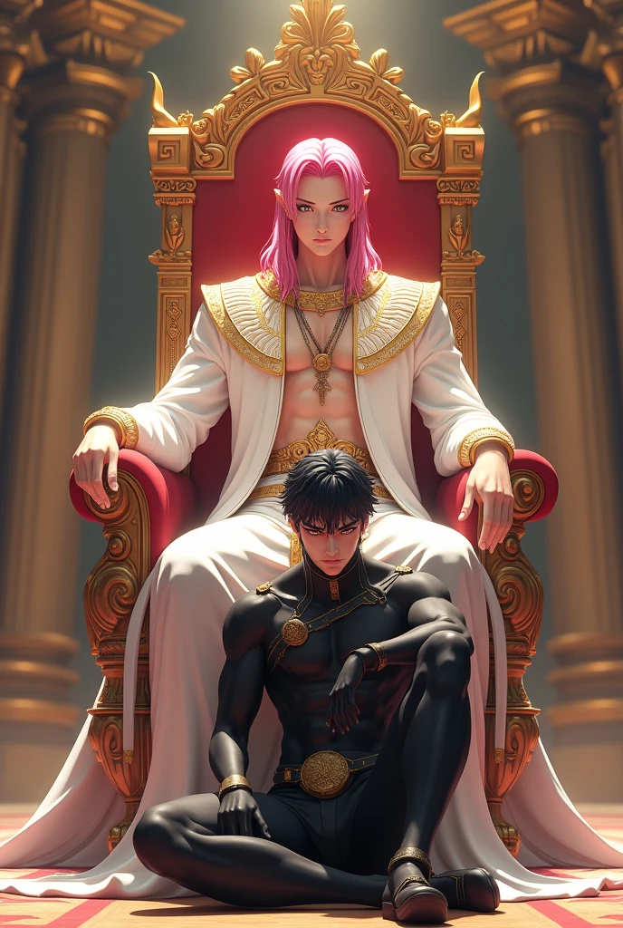 3D anime style image of a 20 year old boy, long and sexy body, pink hair and yellow eyes sitting on a throne in white Egyptian emperor clothes and sitting next to the throne on the floor a 25 year old young man, muscular body, with black hair and red eyes dressed in tight black anime knight clothes