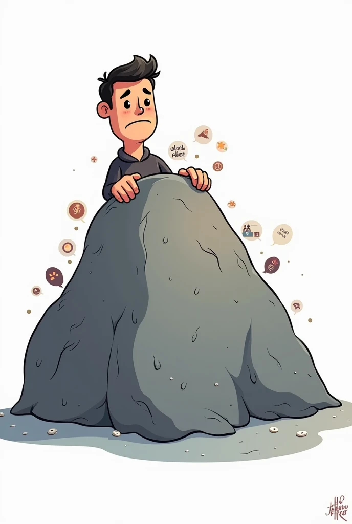 A cartoon cutout in white background of a man saying i am fine and looking at front with sad smile but buried and stuck under huge hill of a lot of obstacles like dream, work, family, financial pressure, home impacting his mental health