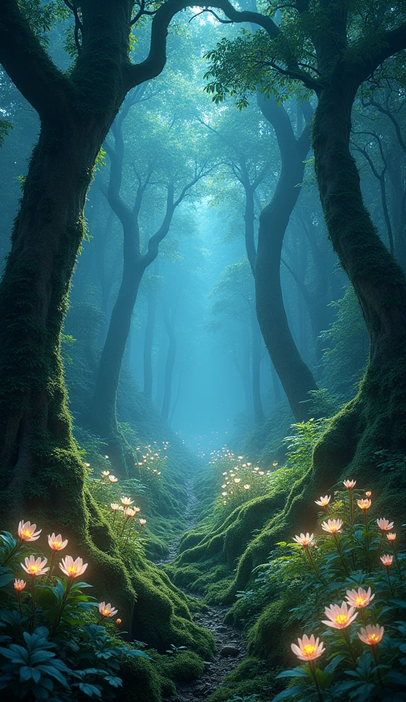 A dense, magical forest with towering, ancient trees and bioluminescent flora. The undergrowth is alive with softly glowing plants and flowers. The forest floor is covered in a soft, shimmering mist, and the entire scene is bathed in a gentle, otherworldly light that highlights the magical nature of the forest