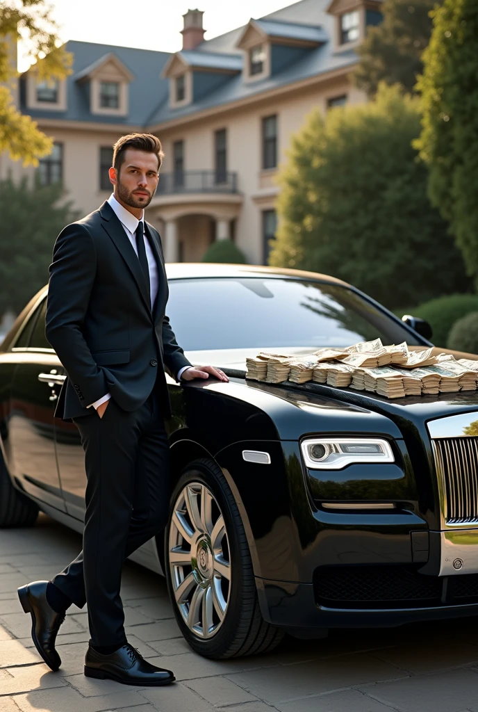A 25 year old man with coat suit and with muscular body and standing aside on new rolls royce ghost and a lotsof money on the car hood and the background in a big house , picture took from 50 mitre away