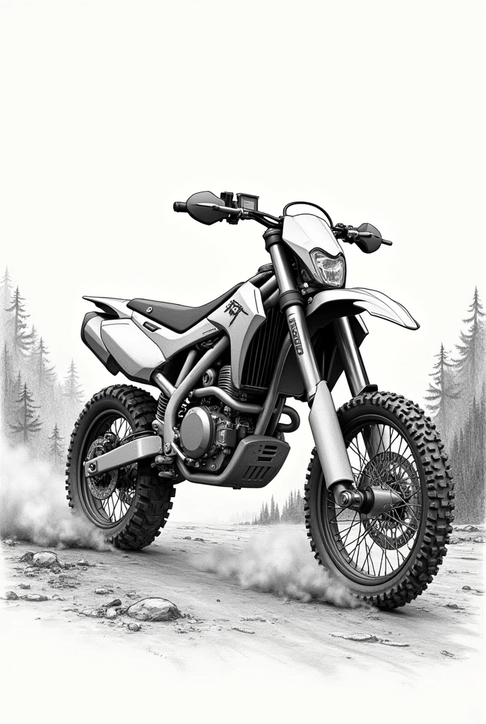 Draw a motocross enduro style motorcycle, in pencil, on a dirt road terrain