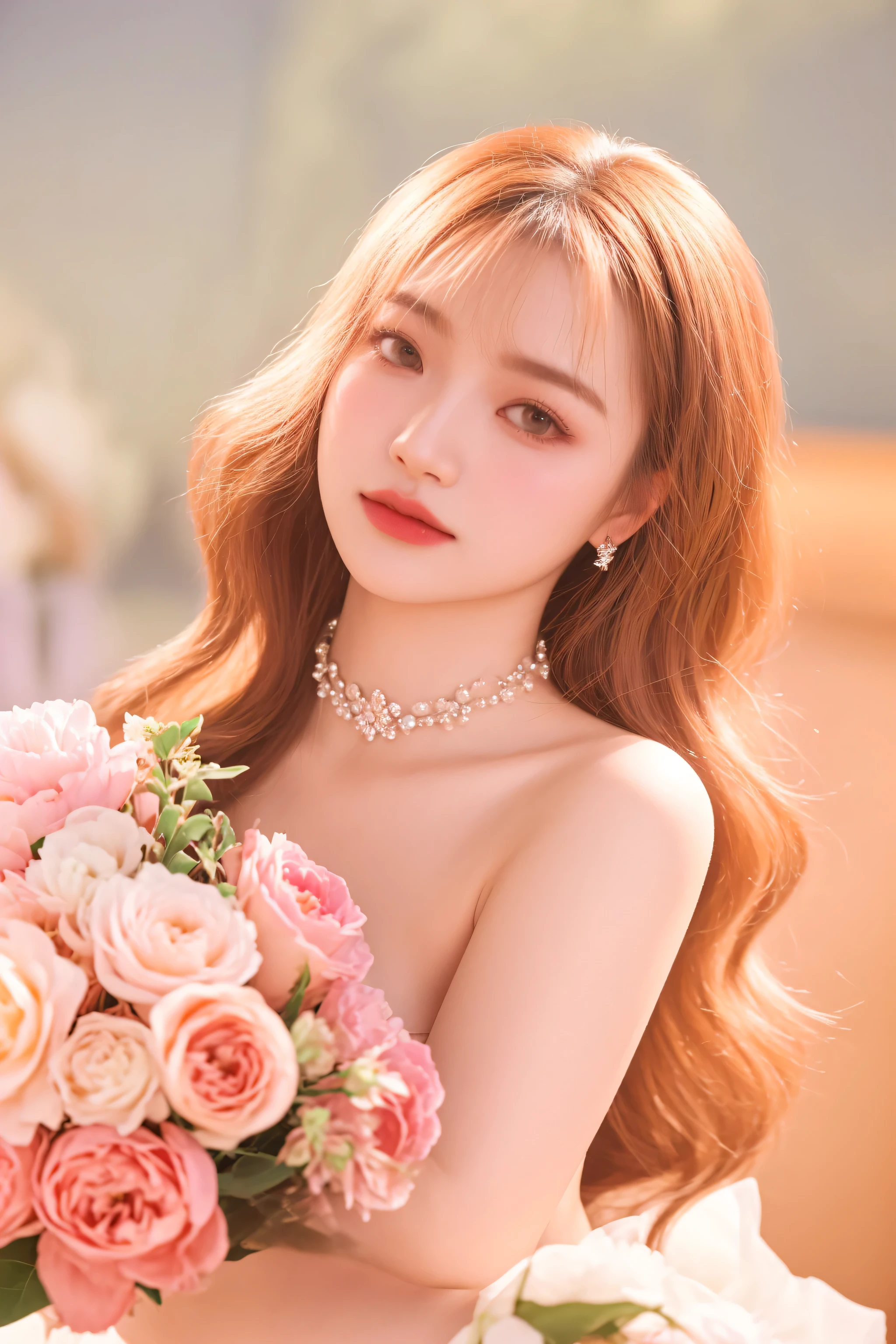 there is a woman with a bouquet of flowers in her hand, lalisa manobal, with flowers, belle delphine, ethereal beauty, ulzzang, inspired by Huang Ji, soft portrait shot 8 k, yanjun chengt, lalisa manoban of blackpink, guweiz, with bloom ethereal effects, inspired by Yanjun Cheng, soft ethereal lighting