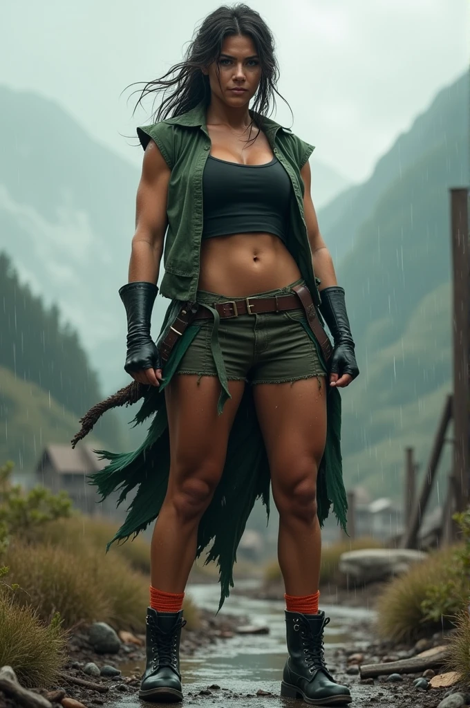 greens, open vest, black vest, orange socks, black shoes, medium breasts, cowboy shot, mountains, straight, (climate: raining and windy), Wet shirt, sexy smile, Combat Stance, battle ruins, Wide hips, thick legs, closed fists, torn clothes,