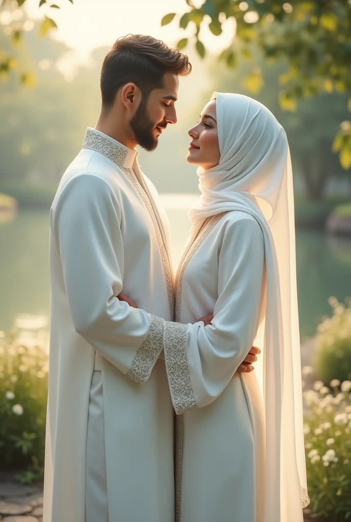 Muslim couples wearing white clothes 
