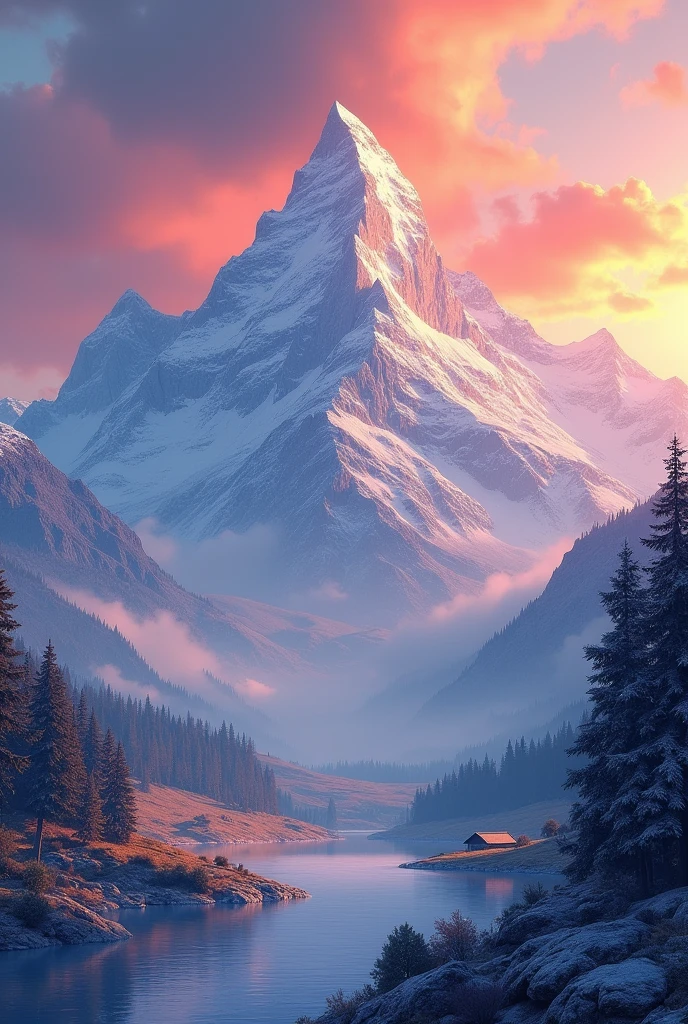 MAKE ME A LANDSCAPE WITH A SUNSET ON A SNOWY MOUNTAIN