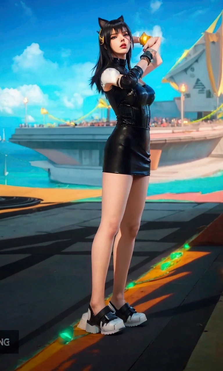 there is a woman in a short skirt and a cat costume, tracer in a skintight dress, character from king of fighters, succubus in tight short dress, nico robin, tifa, sleek legs, katarina, badass pose, irelia from league of legends, leeloo outfit, ingame image, tifa lockhart